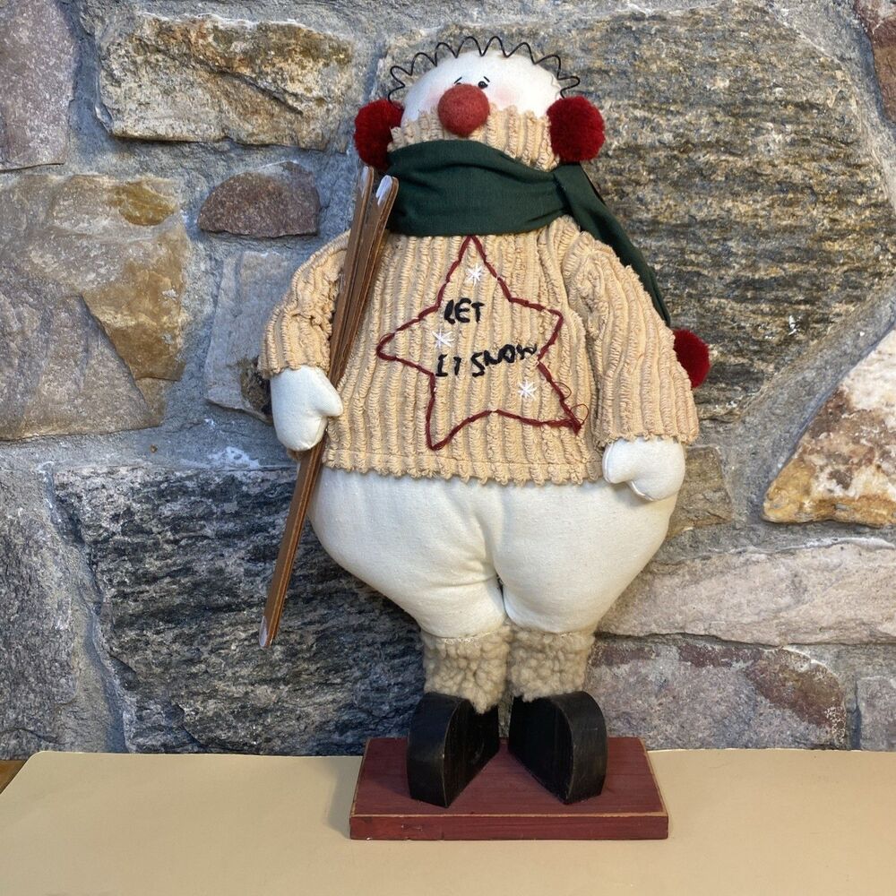 Vintage Primitive Plush Snowman Figurine Let It Snow Corduroy Sweater Skis 17"